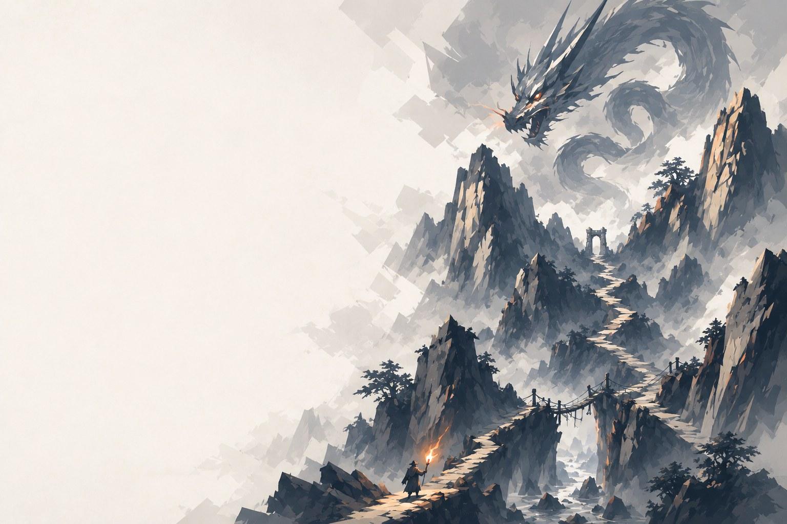 Ink-wash painting: a traveler with a torch climbs a winding mountain path past a rope bridge and a stone gate, toward a dragon coiled in distant clouds
